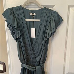 Ulla Johnson Green V-Neck Midi Dress for Weddings